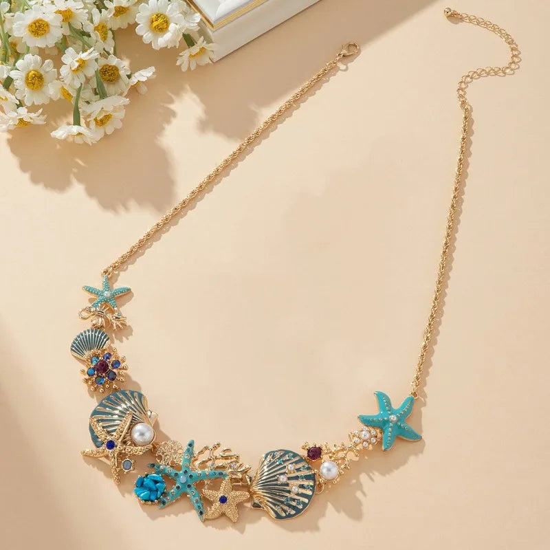 Unique Design Star Shell Coral Rhinestone Chain Necklace Women Personality Versatile Dropping Necklaces Boho Jewelry Travel  H