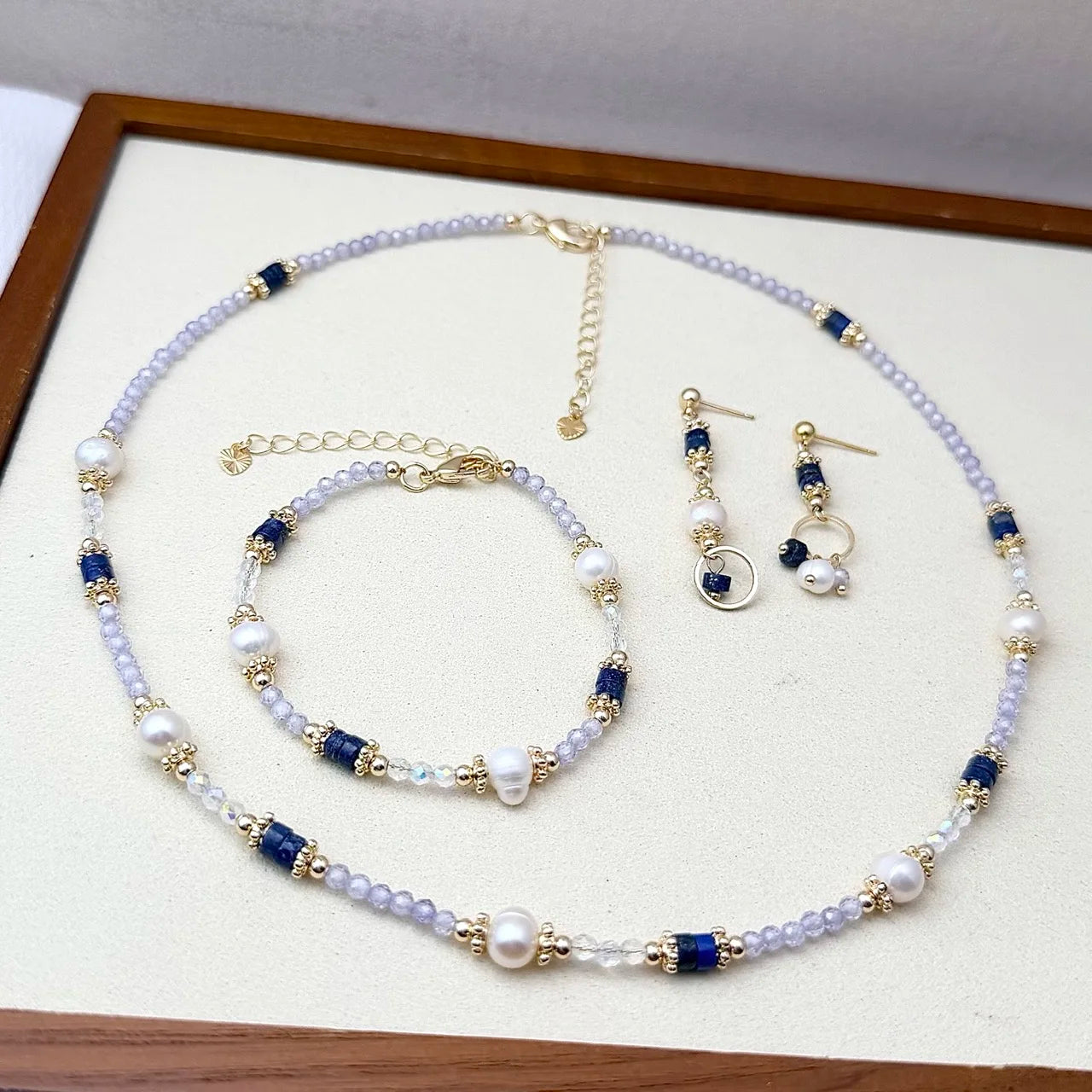Lapis Lazuli Lavender Crystal Zircon & Freshwater Pearl Jewelry Set Necklace Bracelet Earrings 3 Piece Set Luxury High-End Style