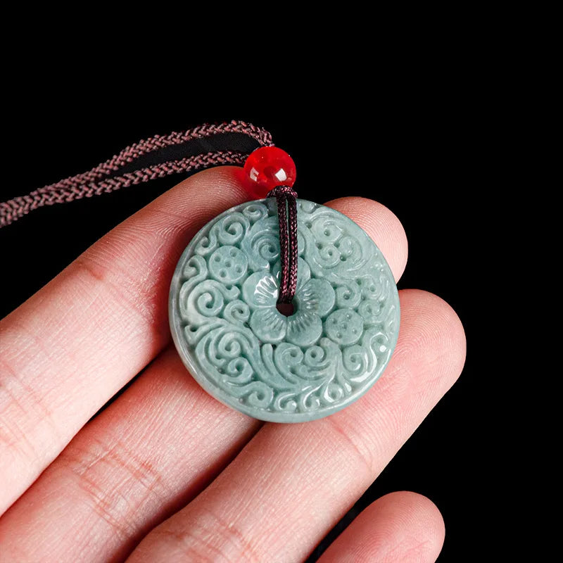 Natural A-grade Jade Pendant with Blue Water Carved Flower, Safe Buckle Jade Pendant, Men's and Women's Pendant, Jade Necklace