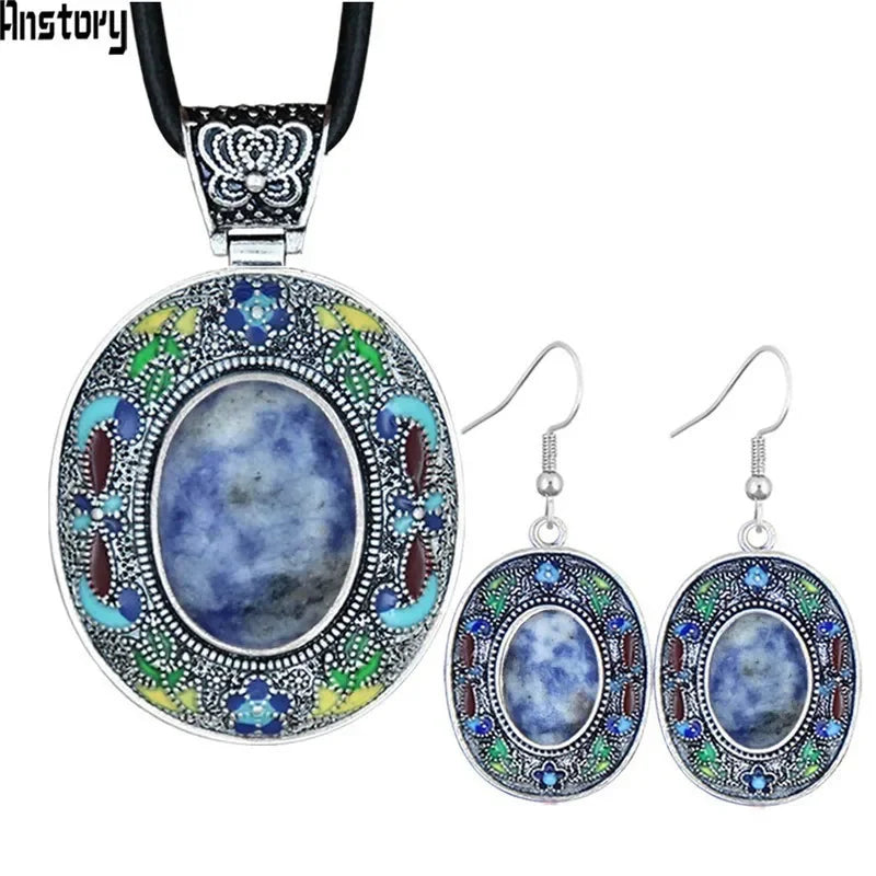 Vintage Oval Lapis Lazuli Jewelry Sets Natural Tiger Eey Unakite Quartz Necklace Earrings Bohemia Fashion Jewelry TS456
