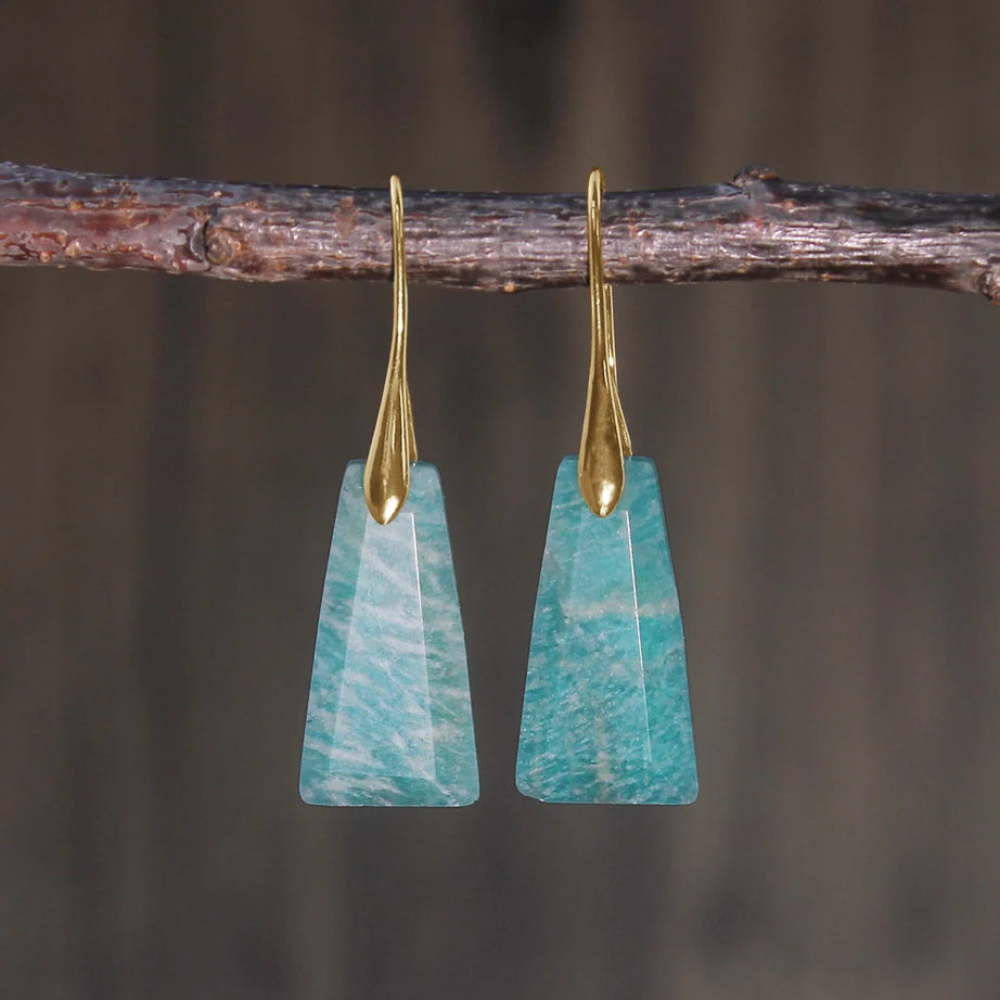 2pcs Natural stone earrings: amethyst, amazonite, flash stone, rhodochrosite, lapis lazuli trapezoidal faceted earrings - Charlie Dolly