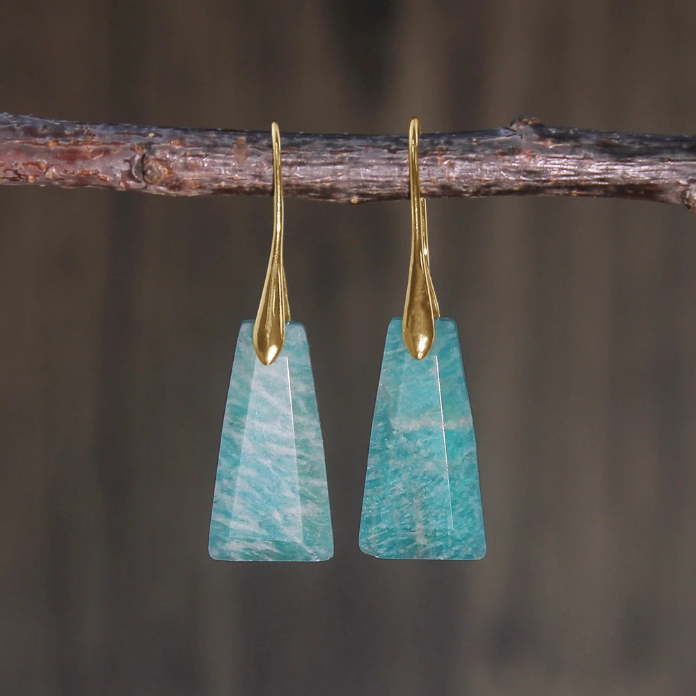 2pcs Natural stone earrings: amethyst, amazonite, flash stone, rhodochrosite, lapis lazuli trapezoidal faceted earrings