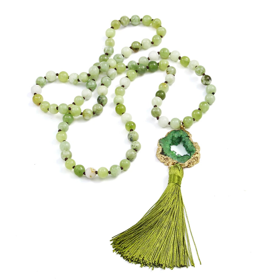 Knotted Druzy Stone Tassel Necklace Jewelry
