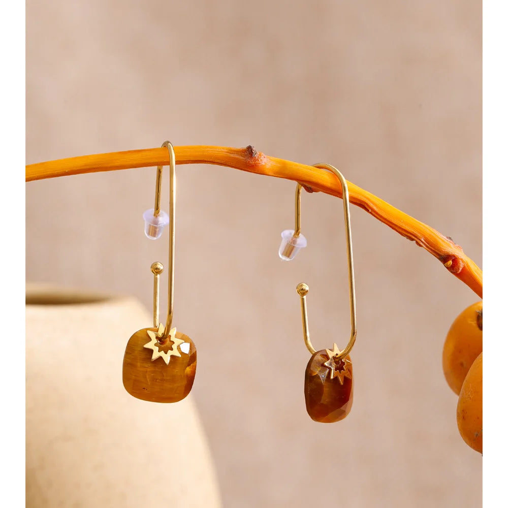 Yhpup Stainless Steel Natural Tiger Agate Stone Square Drop Earrings 14K Gold PVD Plated Chic French Fashion Waterproof Jewelry
