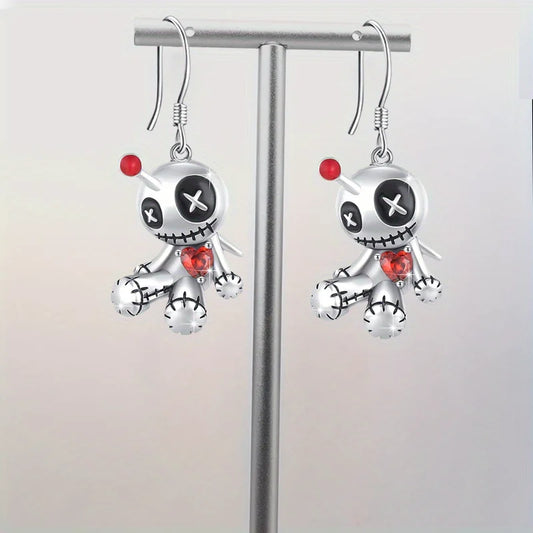 1 Pair Creative Funny Voodoo Doll Red Heart Pendant Earrings, Punk Cartoon Holiday Decoration Accessories, Halloween Gift