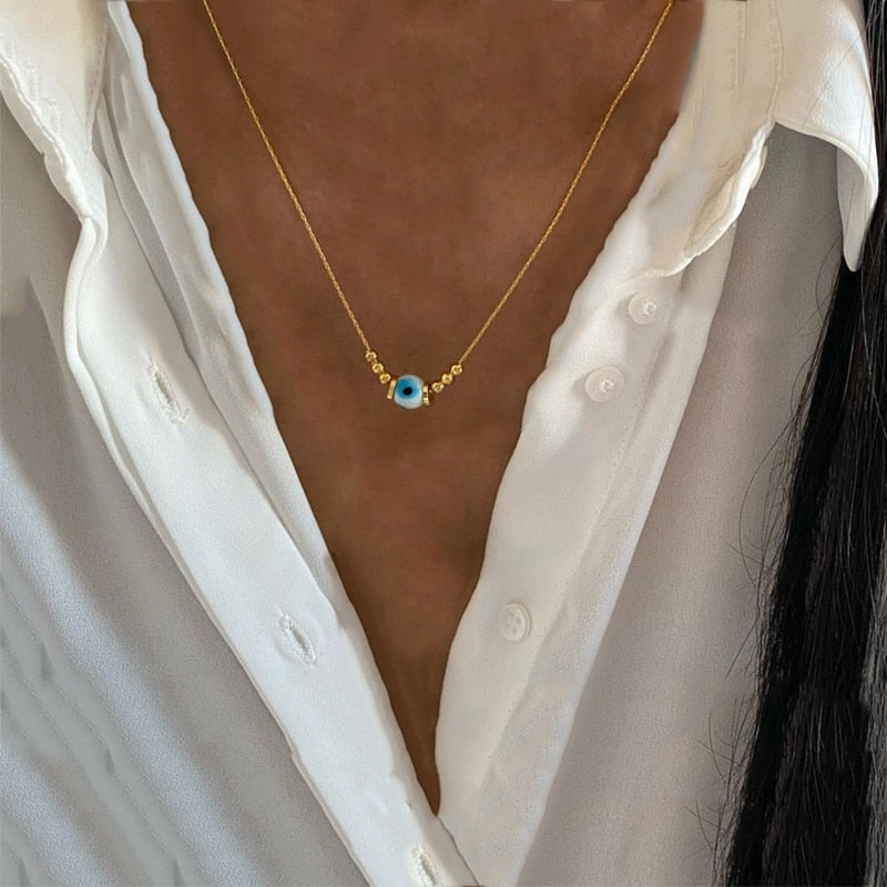 Fashion Classic White Rice Beads White Shell Stone Short Necklace Retro Charm Moon Eyes Pendant Jewelry Christmas Halloween Gift - Charlie Dolly