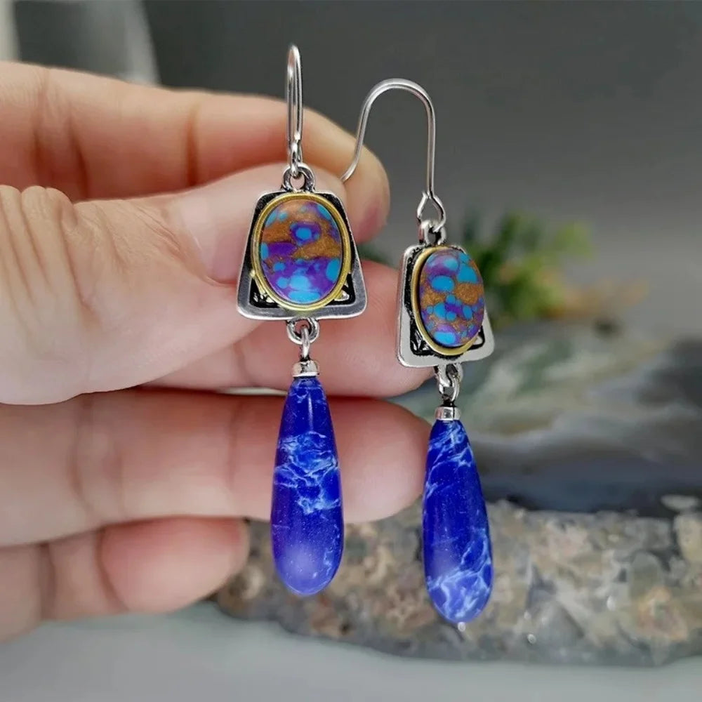 Bohemian Style Lapis Lazuli stone Dangle Hook Earrings Wedding Engagement Earrings for Women