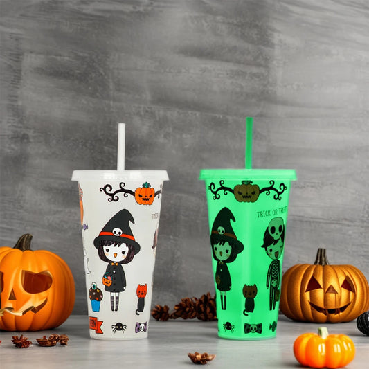 1PC 720ml Halloween Print Plastic Luminous Straw Cup Juice Milk Tea Coffee Cups for Party Supplies Funny Straw Cup Kitchen Drink