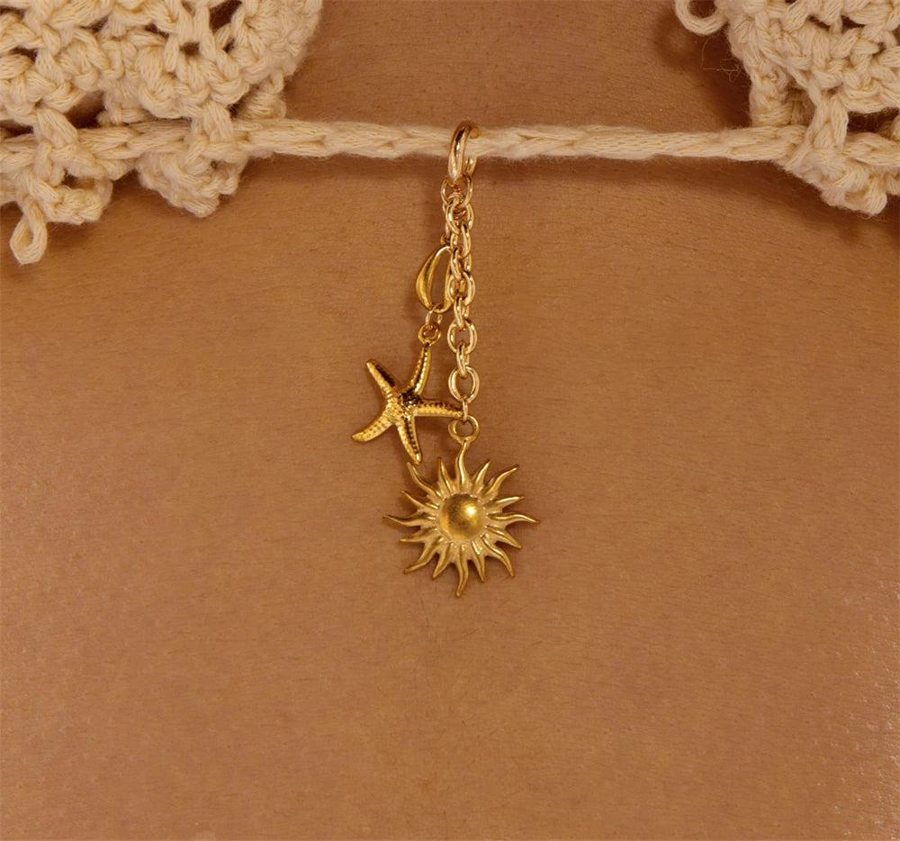 Stainless Steel Boho Summer Beach Sun Starfish Pearl Tassel Bikini Pendant For Women Red Coral Shell Seahorse Swimwear Accessory