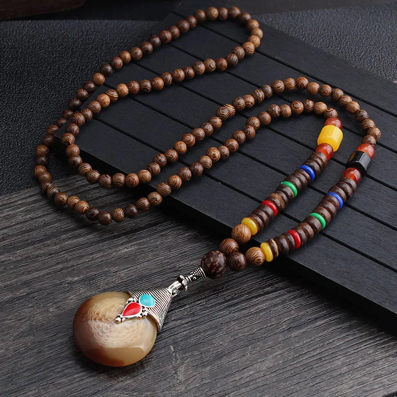 Wood Bead Bodhi Pendant Sweater Chain Necklace Jewelry
