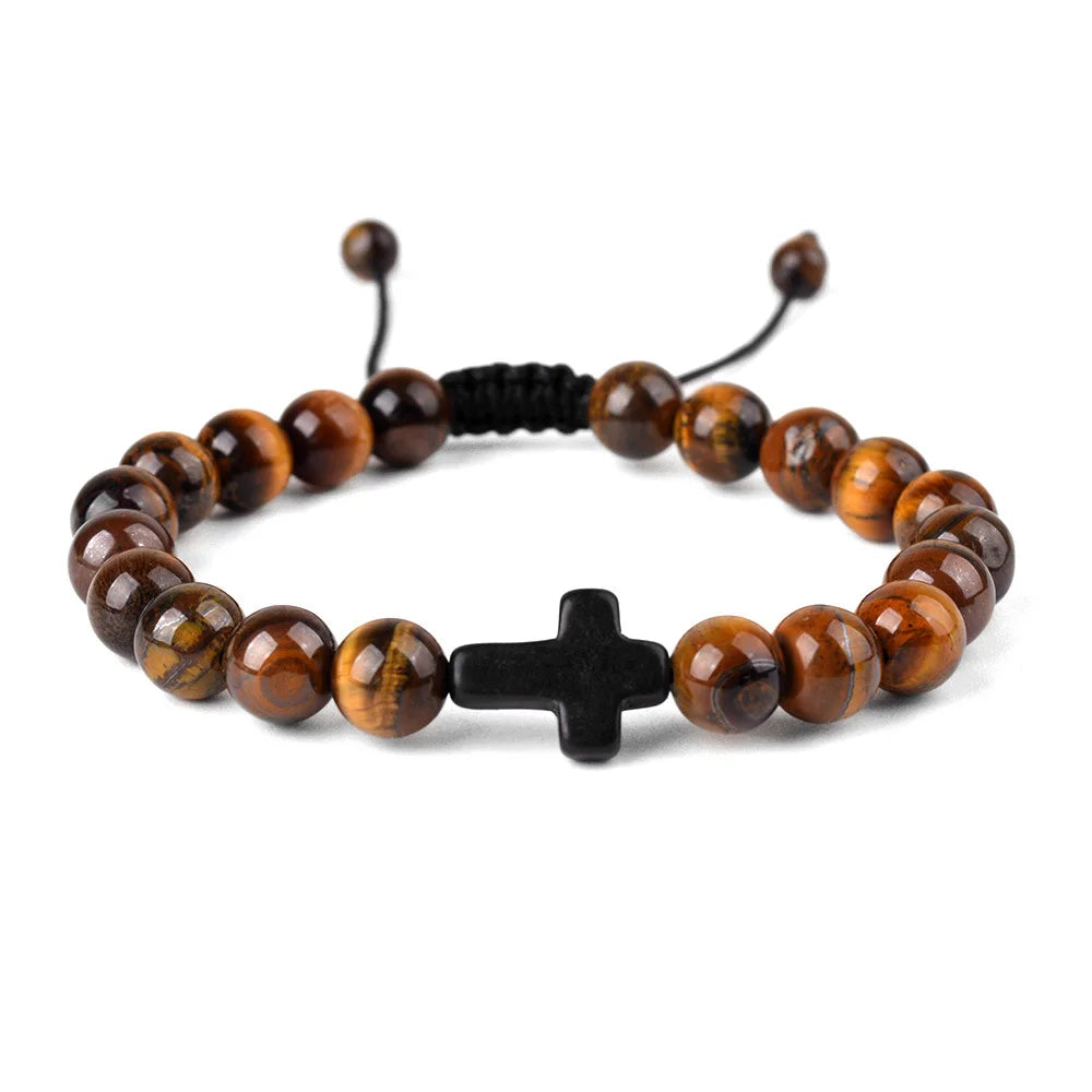 Tiger Eye Stone Beaded Bracelet, Handwoven Cross Knot Couple Set, Natural Gemstone Unisex Boho Chic Jewelry Gift for Men Women