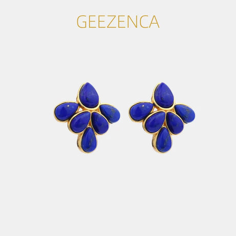 GEEZENCA 925 Silver Lapis Lazuli Turquoise Leaf Stud Earrings Women Gold Plated Trendy Dainty Lightweight Statement Earring Gift - Charlie Dolly