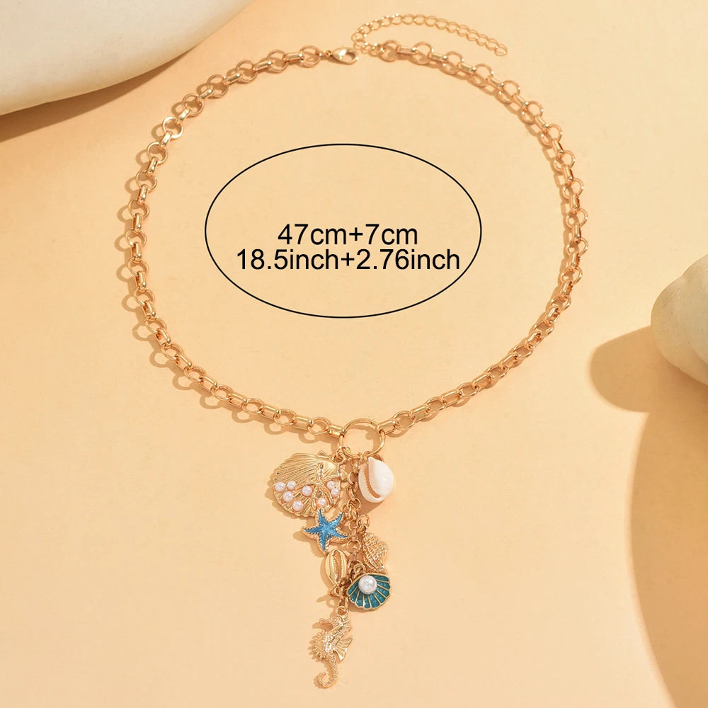 Chunky Gold Chain Necklace Ocean Beach Charms Starfish Shell Cowrie Seahorse Imitation Pearl Boho Summer Vacation Jewelry