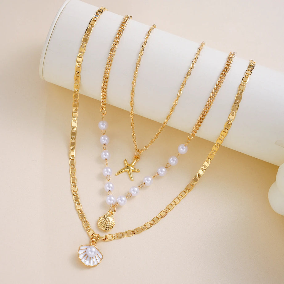 Multilayer Shell, Starfish and Pearl Boho Choker Set (3 Pieces)