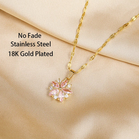 Pink Sakura Cherry Blossom Pendant Necklace, Stainless Steel Boho Nature Talisman