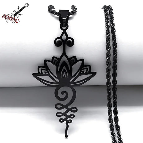 Artistic Lotus Flower Pendant Necklace, Stainless Steel Black Chakra Goth Talisman