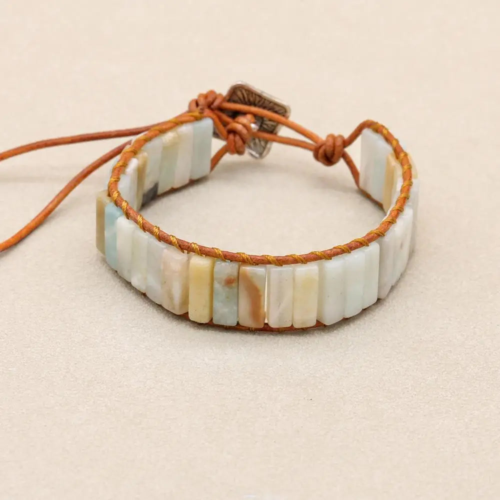Women Men Boho Leather Wrap Bracelet & Bangle Natural Amazonite Stone Beaded Bohemia Charm Bracelet Handmade Jewelry Gift