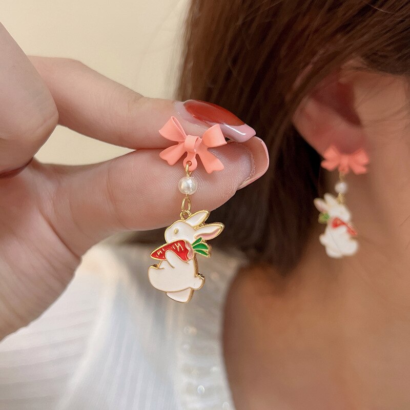 Korean Fashion Bow Rabbit Asymmetric Dangle Earrings for Women Sweet Cute Cartoon Kitten Flower Tassel Earrings Jewelry Gifts - Charlie Dolly