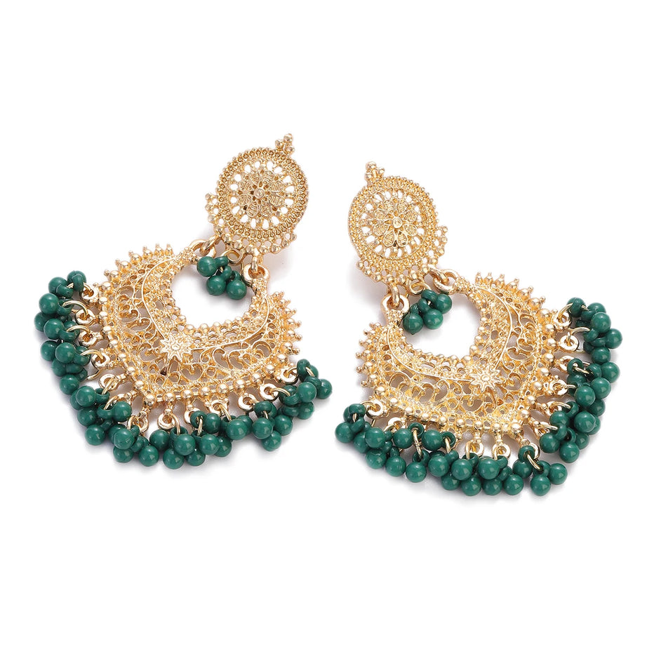 Gold Carved Heart Pink Bead Jhumka Earrings Jewelry