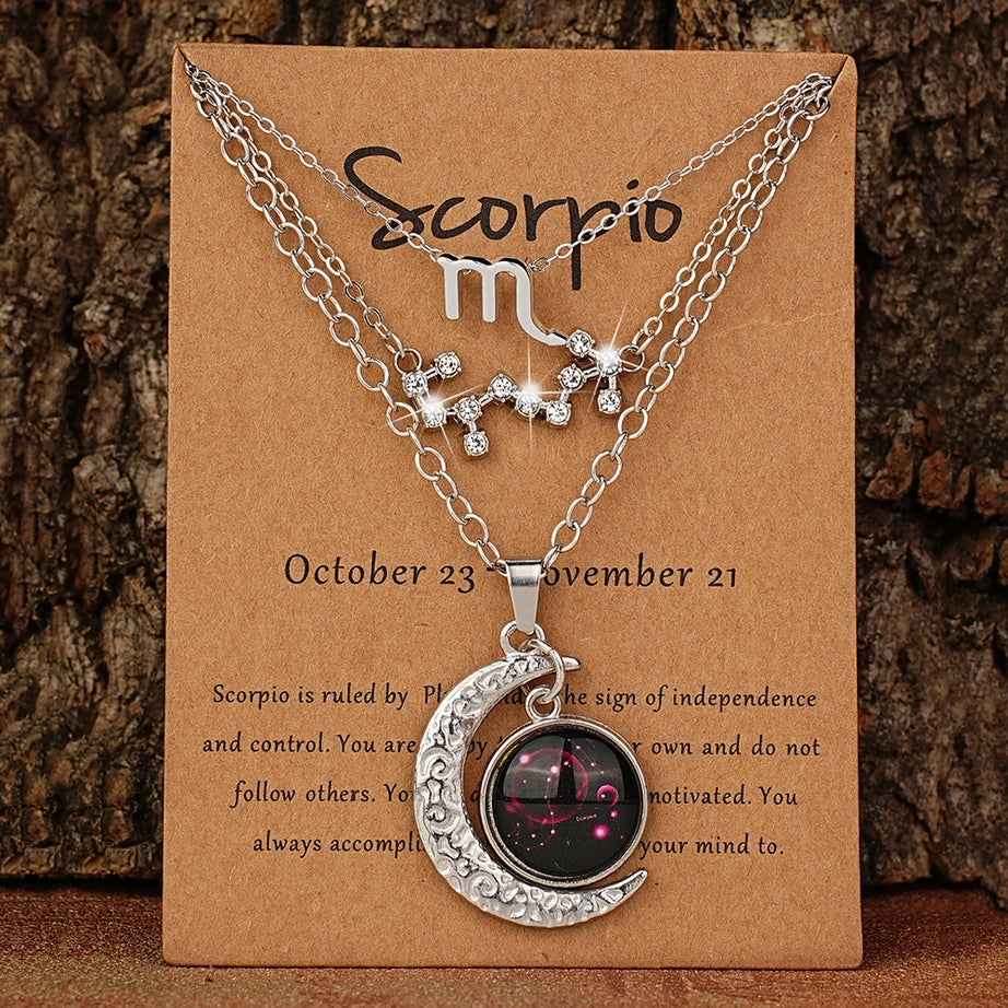 Zodiac Moon Glow Pendant Necklace Set of 3 with Birthstone Cards, Bestie & BFF Gift