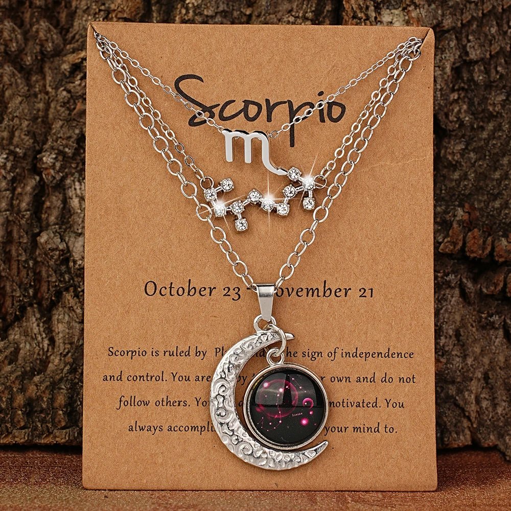 3 Pieces/Set Zodiac Retro Moon Glow Pendant Necklace Set with Birthstone Cards, Birthday Gift for Besties and BFFs