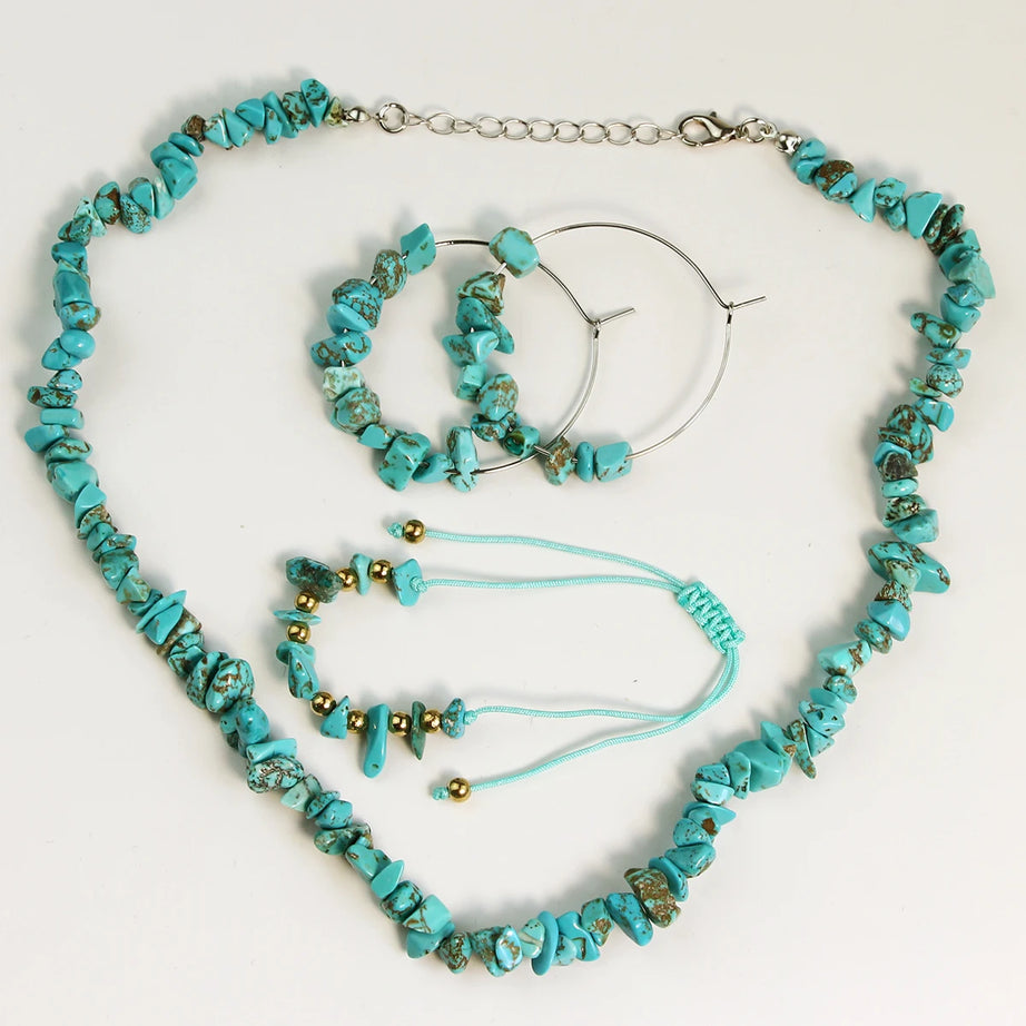 3PCS Natural Stone Turquoise Crushed Stone Necklace Bracelet Earrings Set Boho Unisex Fashion Summer Seaside Vacation Jewelry - Charlie Dolly