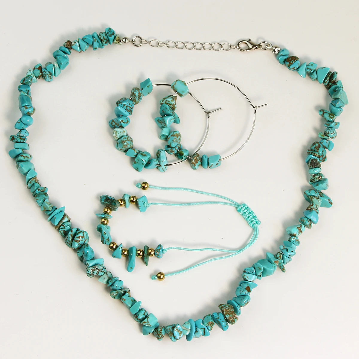 3PCS Natural Stone Turquoise Crushed Stone Necklace Bracelet Earrings Set Boho Unisex Fashion Summer Seaside Vacation Jewelry