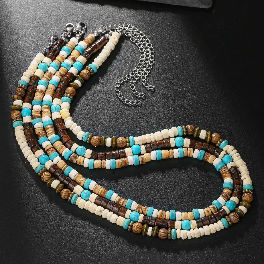 Coconut Shell, Turquoise and Wood Bead Boho Necklace for Men
