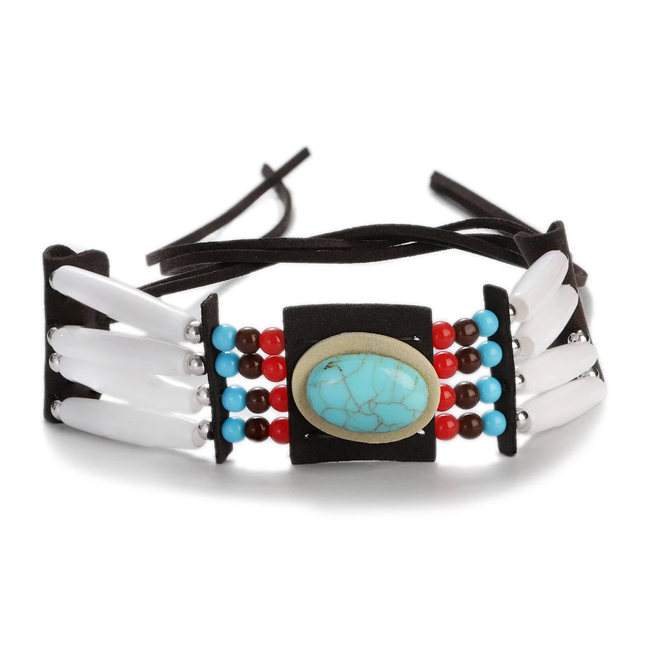 Turquoise Bead Cotton Tassel Choker Necklace Jewelry