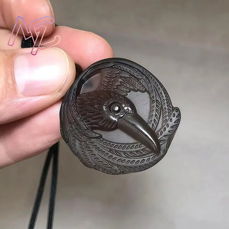 Real Obsidian Crow Pendant Necklace, Natural Gemstone Amulet Talisman