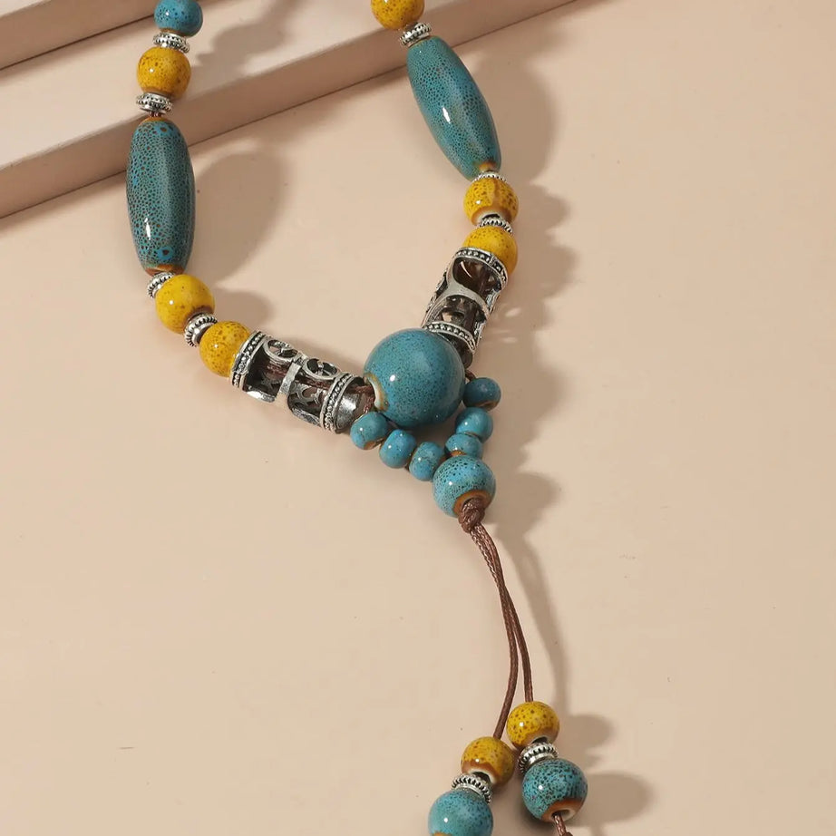 Simple Ceramic Bead Tassel Long Necklace Jewelry