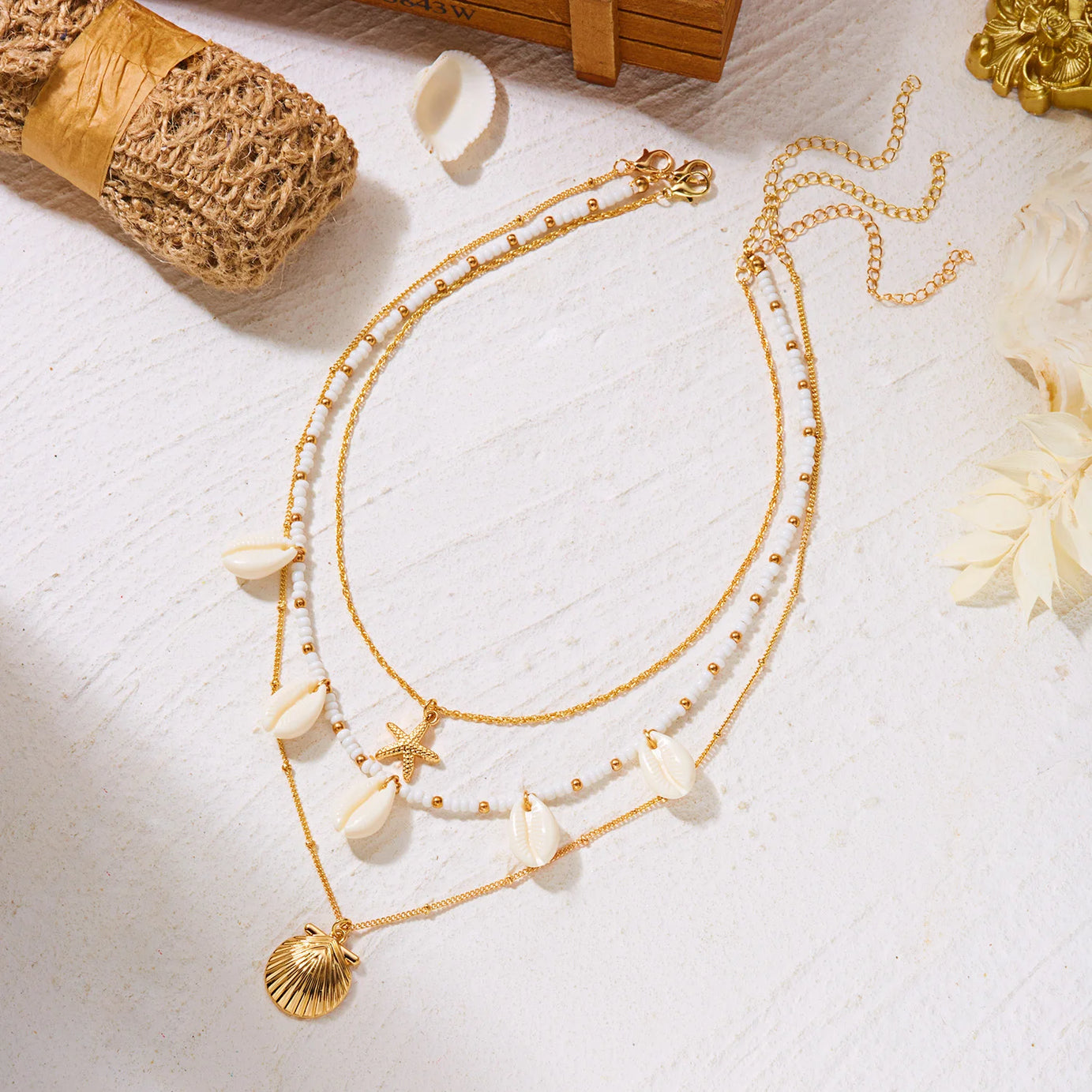 Dainty Shell, Starfish and Rice Bead Layered Clavicle Necklace