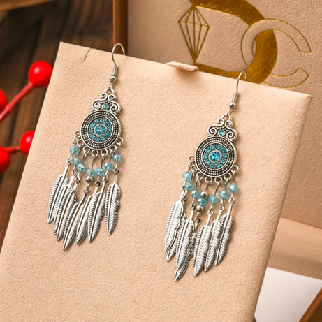 Blue Enamel Feather Crystal Long Earrings Jewelry