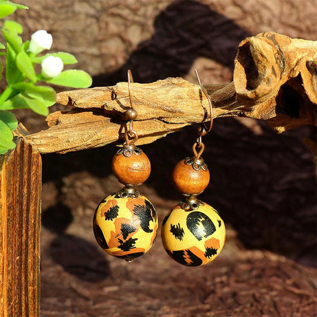 Wooden Bead Flower Leaf Long Tassel Earrings Jewelry