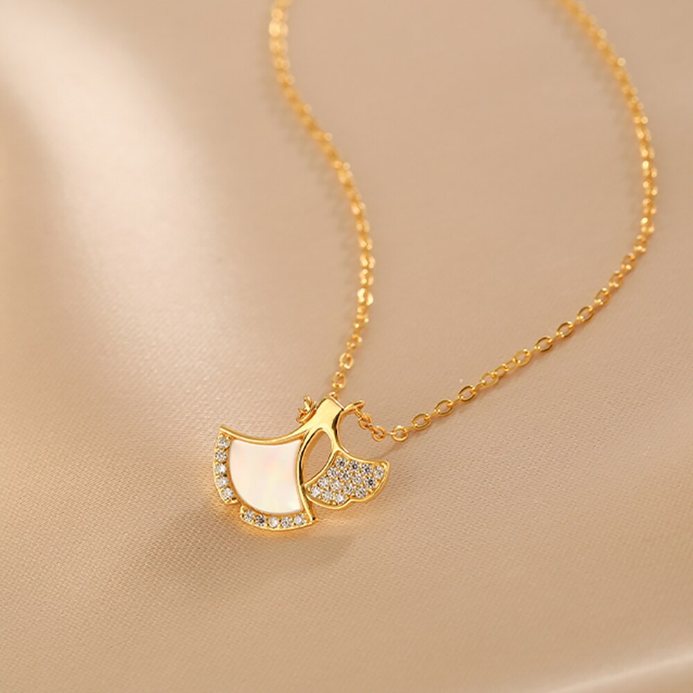 S925 Sterling Silver Ginkgo Biloba Leaves  18K Gold Plated Inlaid  Deep Sea Shell  Necklace For Ladys Birthday Gift - Charlie Dolly
