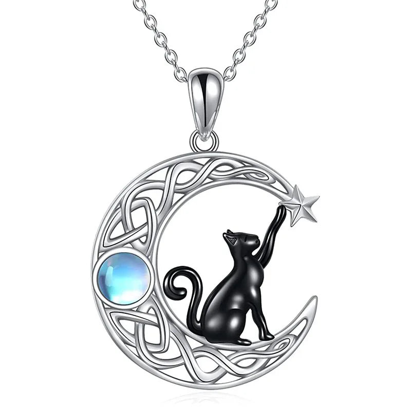 Gothic Black Cat Moon Pendant Necklace Vintage Aesthetic Crescent Kitten Moonstone Necklace for Women Men Halloween Jewelry Gift - Charlie Dolly
