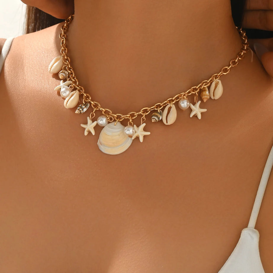 Dainty Gold Cowrie Shell and Starfish Choker Necklace