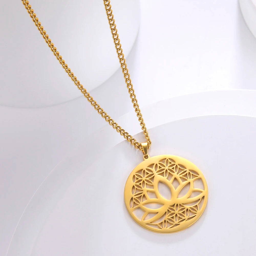 Dawapara Lotus Flower of Life Necklace Stainless Steel Women Jewelry Buddhism Peace Symbol Yoga Meditation Amulet Pendant