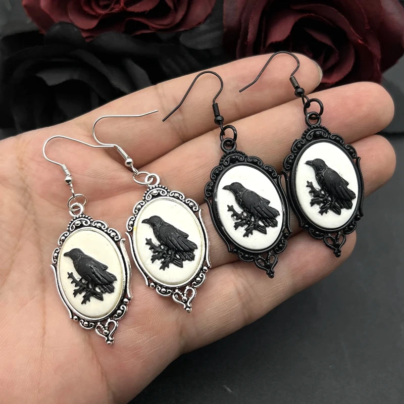 Raven Earrings Raven Crow Jewelry Goth Cameo Earrings Gothic Vintage Style Halloween Jewelry Witch Jewelry - Charlie Dolly
