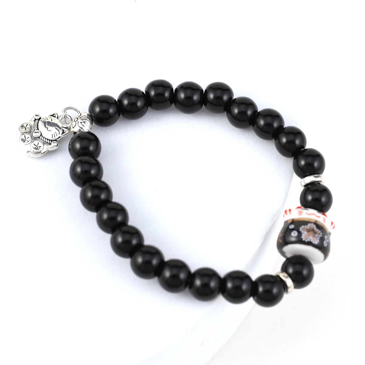 Boho Fortune Cat Charms Bracelet for Women 8mm Round Natural Stone 18cm Stretch Wire Couple Bracelet Jewelry Accessories Gifts