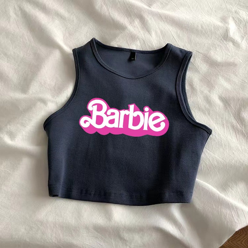 Sexy Barbie Ladies Sleeveless Crop Top Kawaii Cartoon Casual Girls Camisole T-Shirts Vest Y2K Fashion Women Slim Short Tank Tops - Charlie Dolly