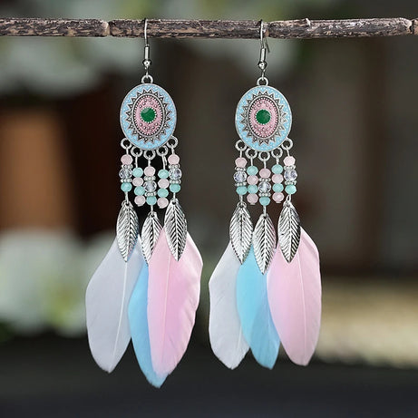 Feather Leaf Crystal Bead Long Earrings Jewelry