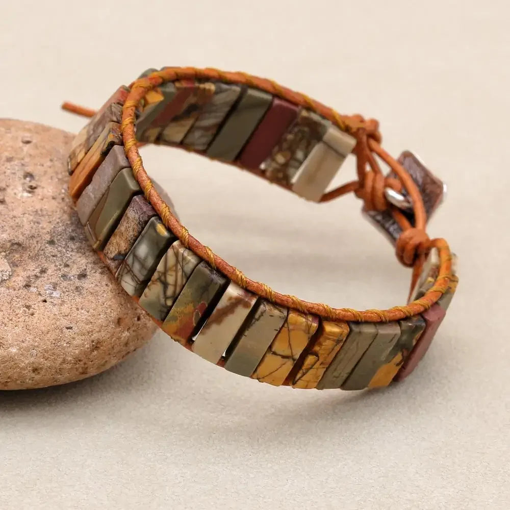 Women Men Boho Leather Wrap Bracelet & Bangle Natural Amazonite Stone Beaded Bohemia Charm Bracelet Handmade Jewelry Gift