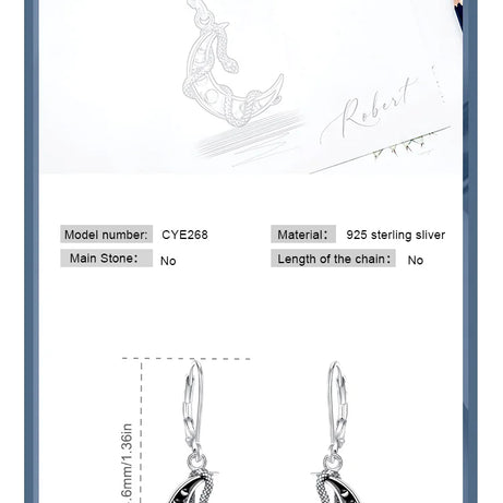 S925 Sterling Silver Moon Phase Snake Drop Earrings, Gothic Black Enamel Celestial Talisman