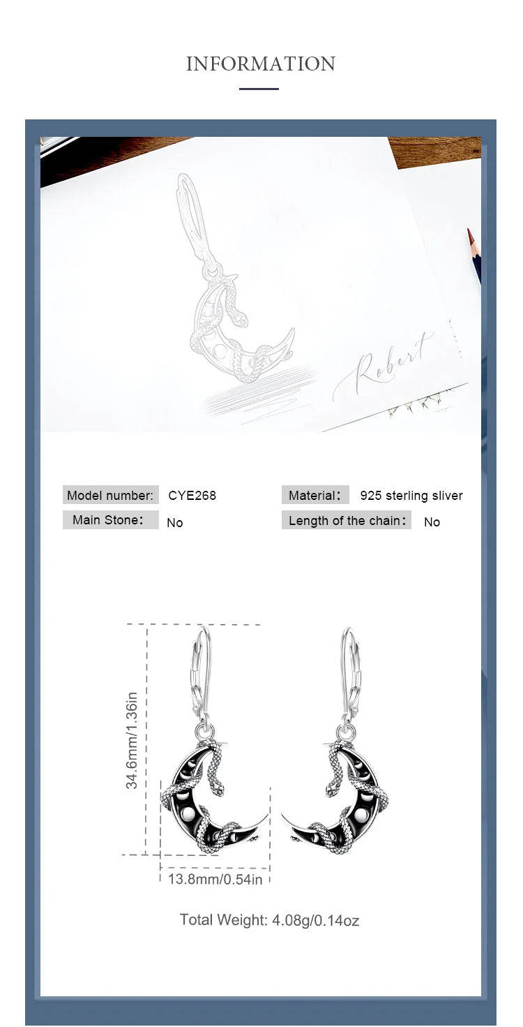 AEONSLOVE 925 Sterling Silver Moon Phase Snake Earrings Gothic Black Enamel Celestial Drop Earrings Witch Jewelry Gift for Women