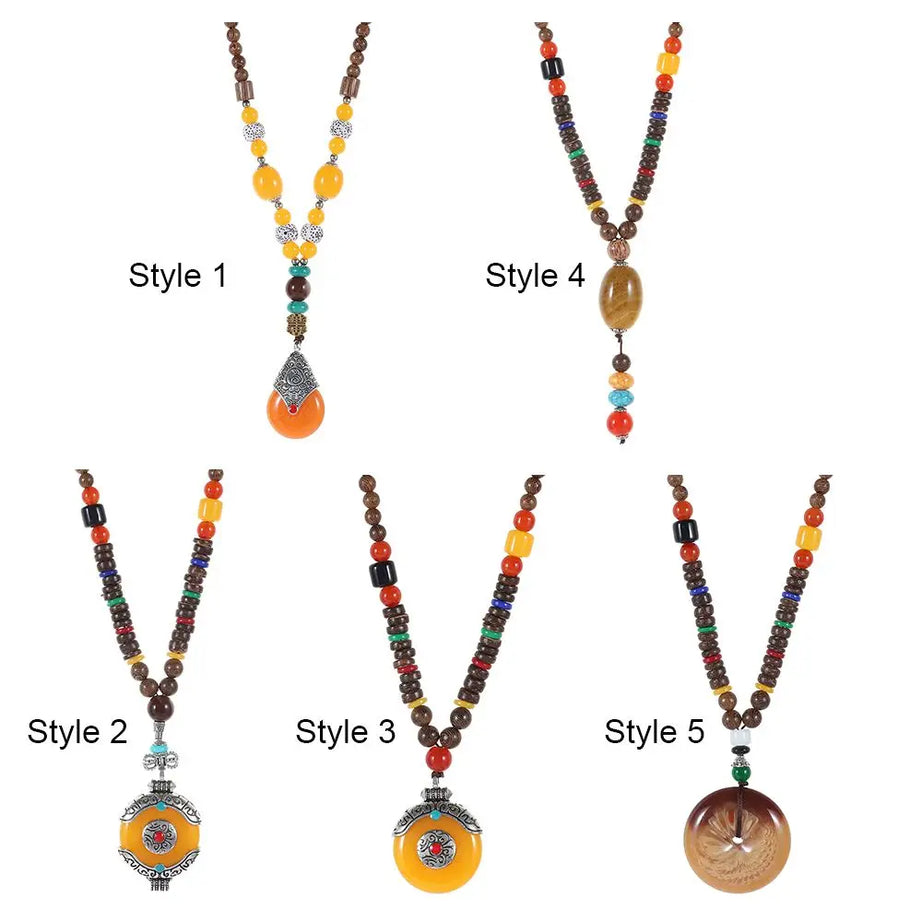 Nepal Wood Bead Mala Pendant Necklace Jewelry