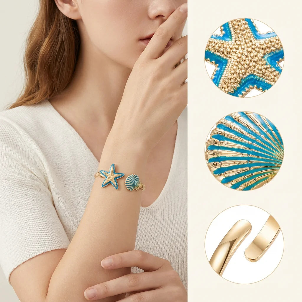 Boho Summer Starfish Shell Open Bangle for Women Gold Color Metal Blue Enamel Marine Bracelet Fashion Beach Vacation Jewelry