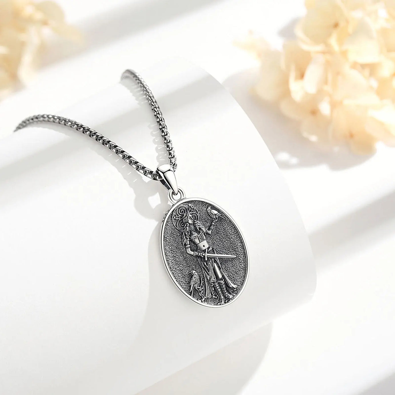 S925 Sterling Silver Morrigan Goddess Pendant Necklace, Viking Raven & Triple Spiral Pagan Amulet