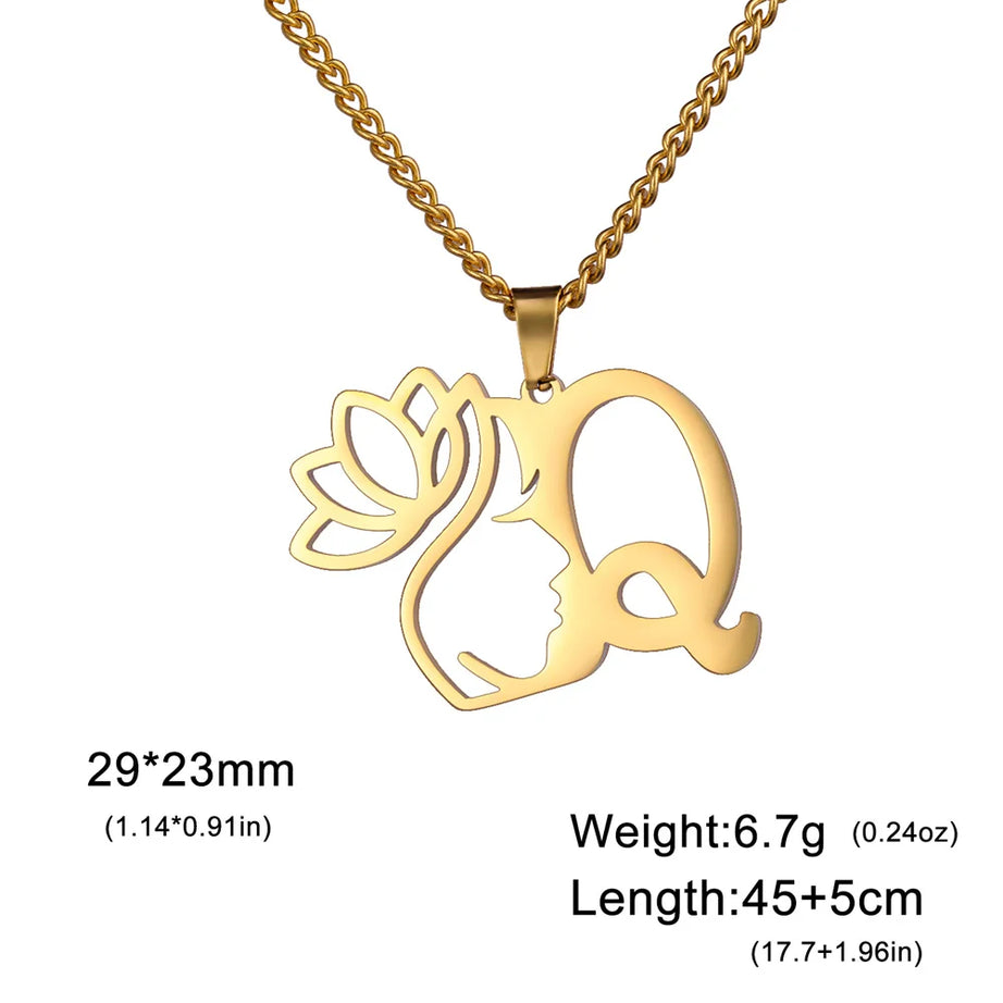 Lotus Flower Initial Letter Pendant, Personalized Stainless Steel Necklace
