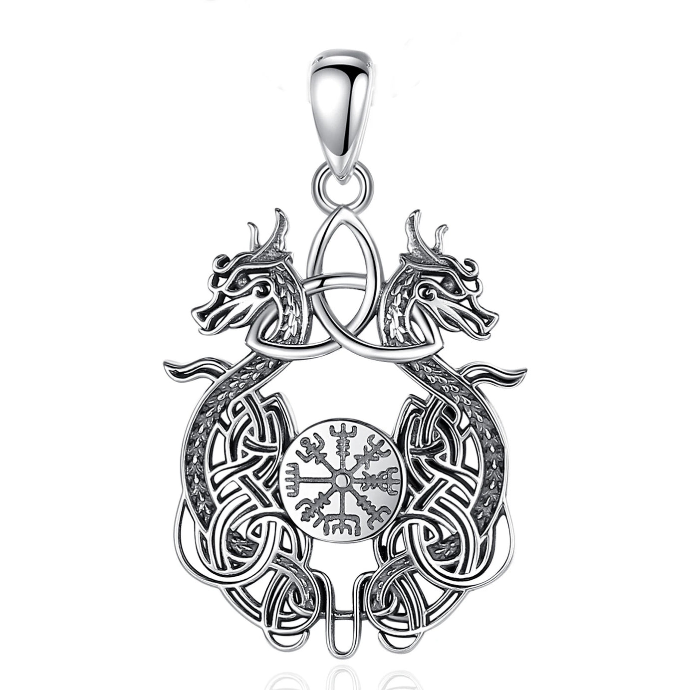 Sterling Silver 925 Viking Dragon Celtic Knot Compass Necklace, Norse Amulet